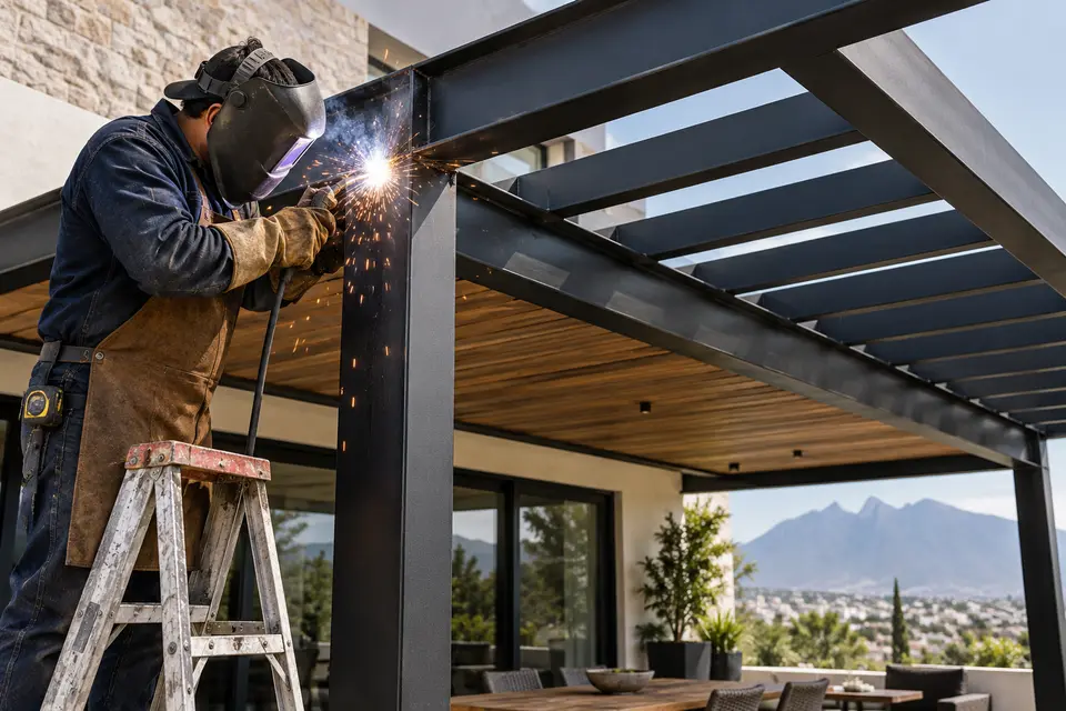 Herrería y montaje de una pérgola de acero