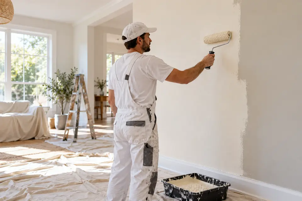 Profesional pintando la pared de una habitación